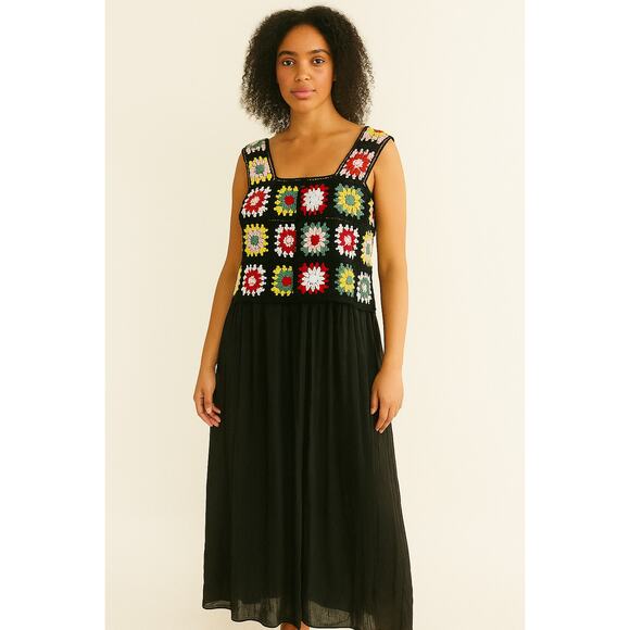 Kings road Dresses & Skirts - Vtg 70 Crochet granny Square top tiered black long Dress Boho, retro Y2k Sz XL